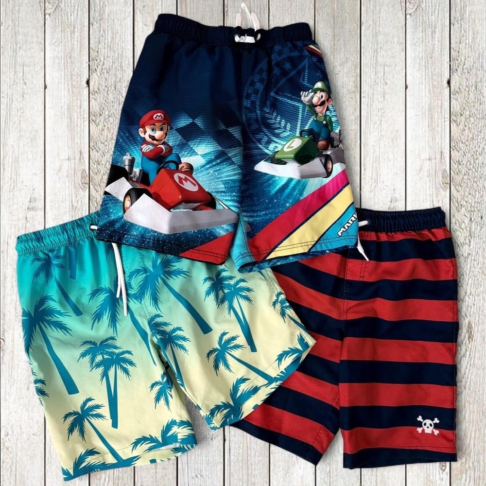 Boys Swim Trunks Lot Size 10-12 Mario Kart Gymboree Palm Tree Board Shorts
